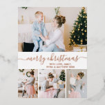 Elégant Rose photo de vacances Gold Foil carte pos<br><div class="desc">Élégante calligraphie Minimaliste Rose Gold Foil Script 4 Photo Collage Joyeux Noël Carte postale. Ce modèle festif, mimimaliste, fantasque de quatre (4) cartes de vacances photo présente un joli collage photo et dit "Joyeux Noël"! Le texte de salutation "Joyeux Noël" est écrit dans une belle main lettré tourbillonnant swash-tail type...</div>