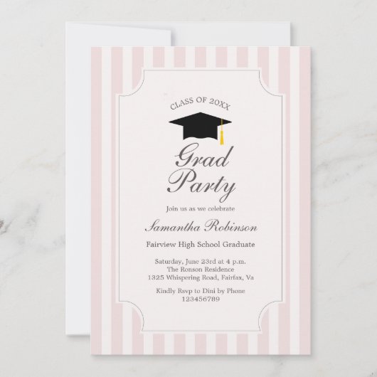 Élégant rose rayures Graduation Party Invitation (Devant)