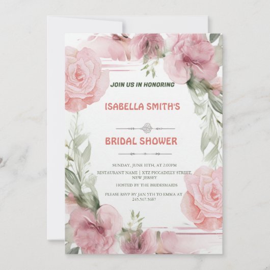 Elégant rose rose Fleur nuptiale Douche Invitation (Devant)