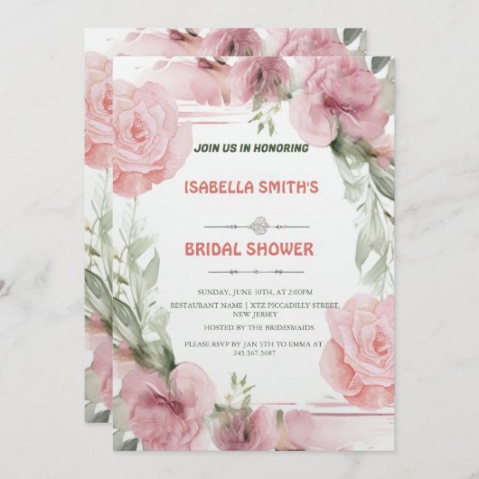 Elégant rose rose Fleur nuptiale Douche Invitation (Devant / Derrière)