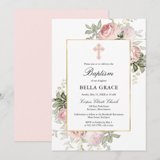 Élégant rose Rose Floral Baptism Invitation (Devant / Derrière)