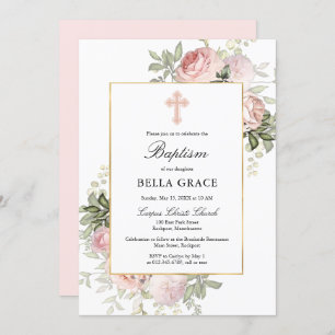 Élégant rose Rose Floral Baptism Invitation