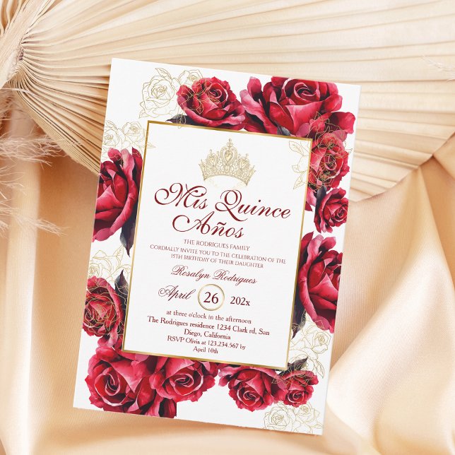 Elégant Rose Rouge Or Quinceañera Photo Invitation (Créateur téléchargé)