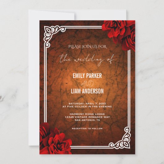 Elégant Rose Rouge Vintage Mariage Invitation Temp (Devant)