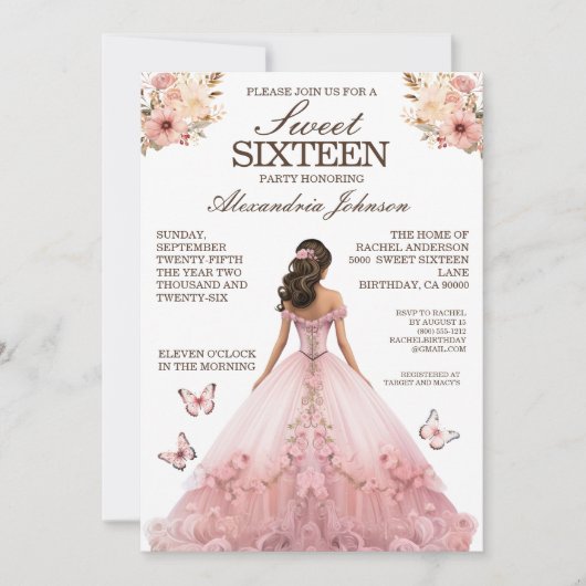 Élégant rose sucré 16 Invitations de robe fantaisi (Devant)
