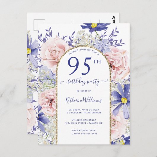 Elégant rose violet 95e anniversaire Invitation de (Devant / Derrière)