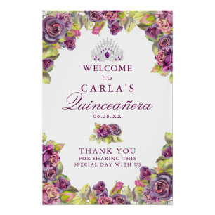Élégant Rose violet Quinceanera Affiche de bienven