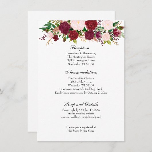 Elégant Roses Rouges Mariage Réception Invitation (Devant / Derrière)