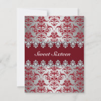 Élégant Rouge & Argent Damask Sweet16 Invitation