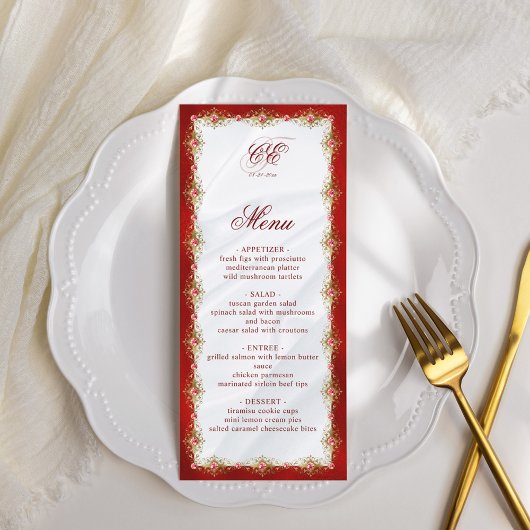 Élégant Rouge Blanc Or Monogramme Mariage Menu