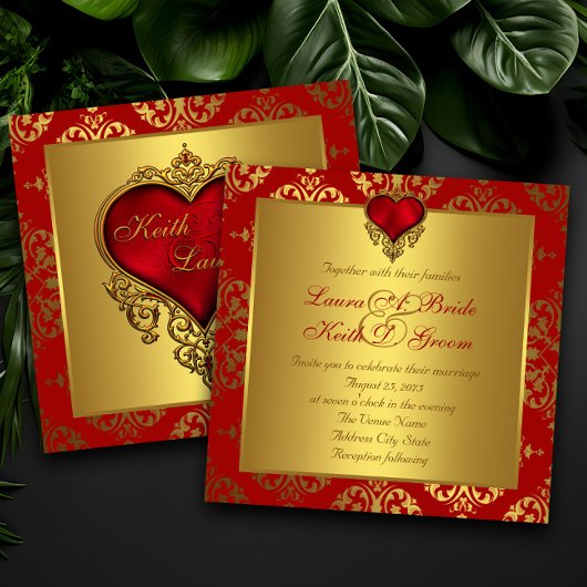 Elégant Rouge et Or Coeur de mariage Invitations