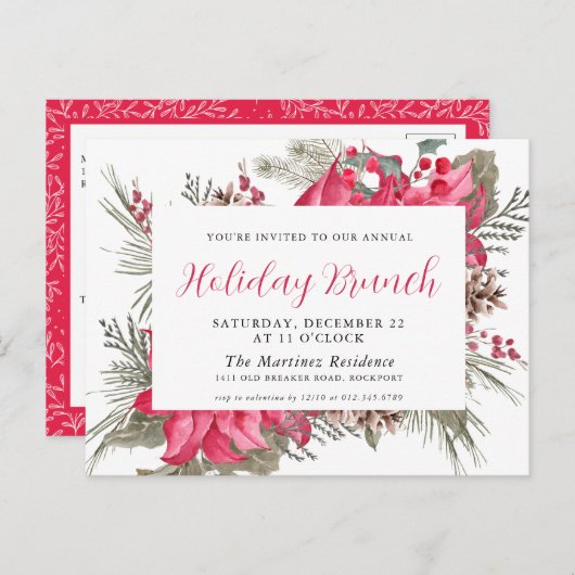 Elégant Rouge Poinsettia Fête Brunch Invitation P (Devant / Derrière)