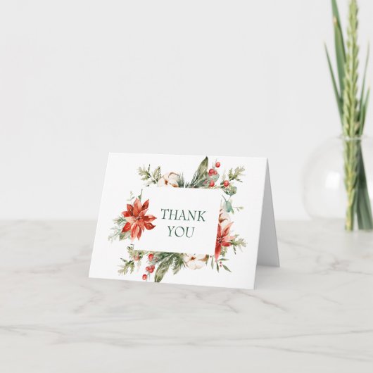 Elégant Rouge Poinsettia Pine Fir Aquarelle Merci  (Devant)