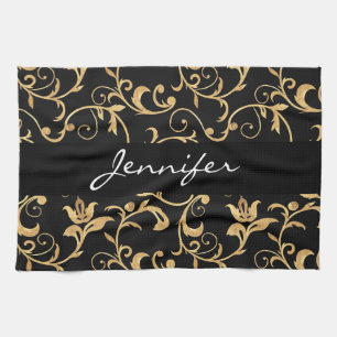 Élégant Royal Black and Gold Damask Serviette de c