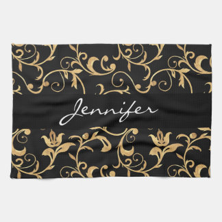 Élégant Royal Black and Gold Damask Serviette de c