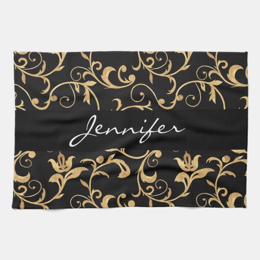 Élégant Royal Black and Gold Damask Serviette de c (Horizontal)