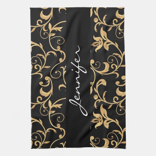 Élégant Royal Black and Gold Damask Serviette de c (Vertical)