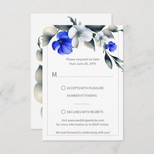 Elegant Royal Blauw en Wit Bloemen RSVP (Voorkant / Achterkant)