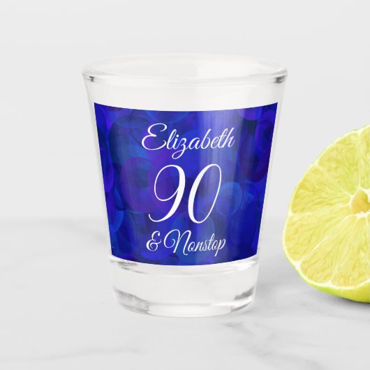 Elegant Royal Blue 90 en Nonstop Birthday Party Shot Glas (Voorkant)