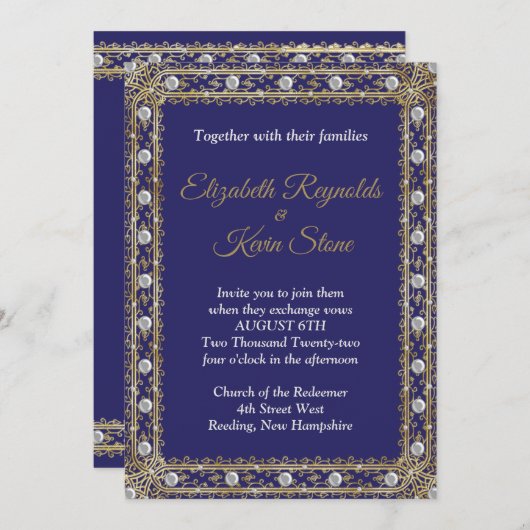 Elegant royal blue and gold bruiloft Invitation Kaart (Voorkant / Achterkant)