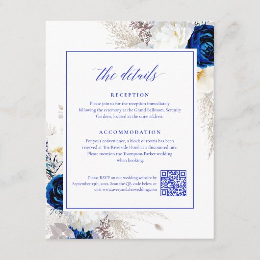 Elegant Royal Blue Bloemen Details RSVP QR Code Informatiekaartje (Voorkant)