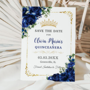 Elegant Royal Blue Bloemen Goud Quinceañera 16e Save The Date