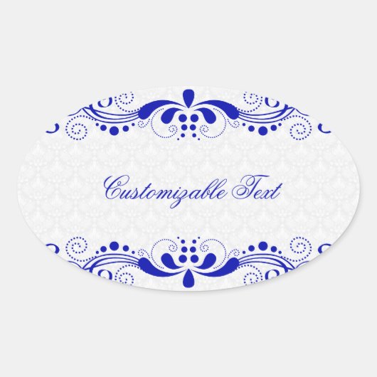 Elegant Royal Blue Bloemenblad & Witte Damasks Ovale Sticker (Voorkant)