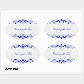 Elegant Royal Blue Bloemenblad & Witte Damasks Ovale Sticker (Vel)