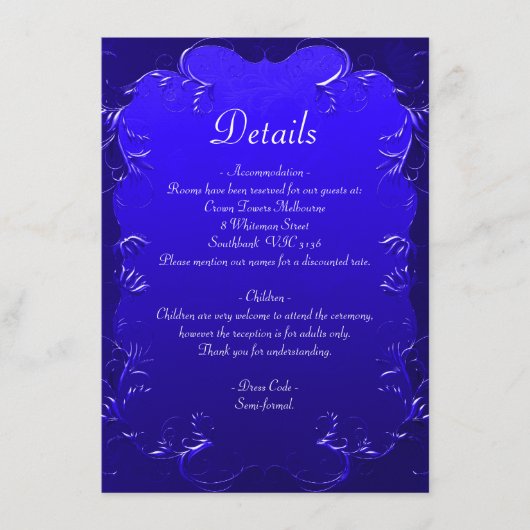 Elegant Royal Blue bruiloft details behuizing Kaar Informatiekaartje (Voorkant)