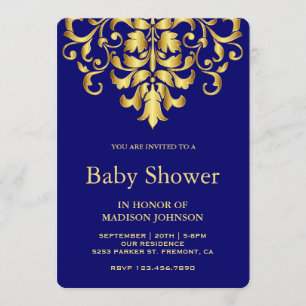 Elegant Royal Blue Damask Baby shower Kaart