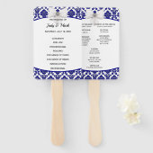 Elegant Royal Blue Damask Wedding Programme Handwaaier (Voorkant en achterkant)
