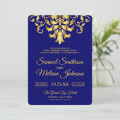 Elegant Royal Blue Damask Wedding Uitnodiging (Staand voorkant)