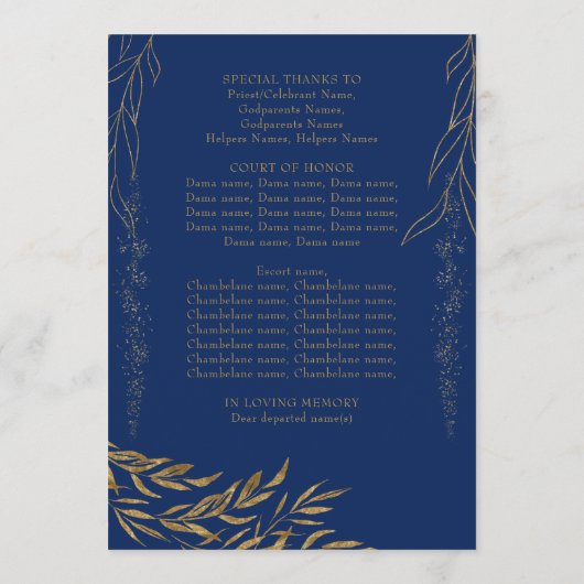 Elegant Royal Blue en Gold Leaf Quinceanera Programma (Achterkant)