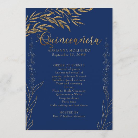 Elegant Royal Blue en Gold Leaf Quinceanera Programma (Voorkant)