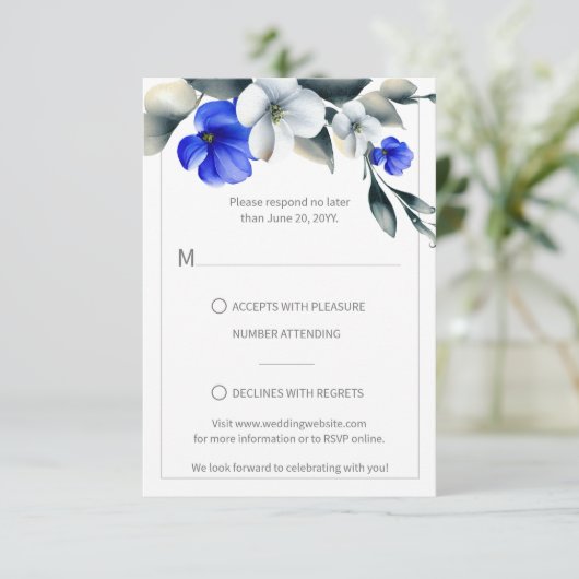 Elégant Royal Blue et blanc Floral RSVP (Debout devant)