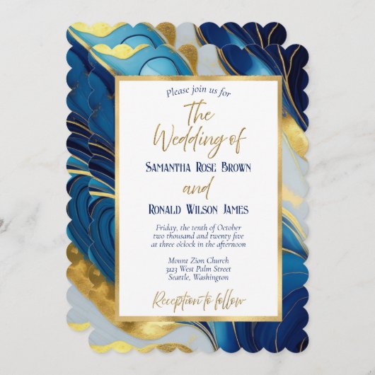 Elégant Royal Blue et Gold Faire-part de mariage (Devant / Derrière)