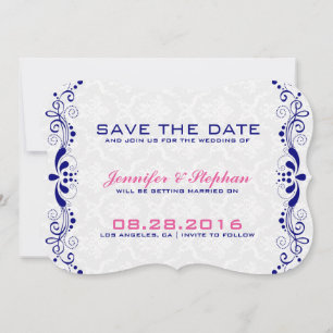Elegant Royal-Blue Floral Lace White Dammaskers Save The Date