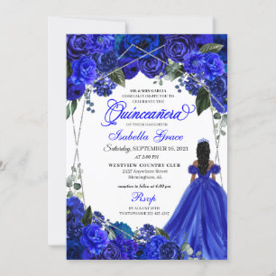 Elegant Royal Blue Floral Quinceanera Birthday Inv Kaart
