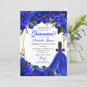 Elegant Royal Blue Floral Quinceanera Birthday  Kaart