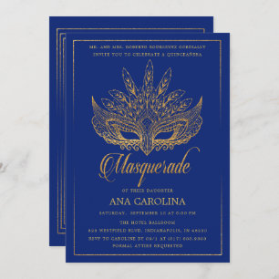 Elegant Royal Blue Glitter Masquerade Quinceañera Kaart
