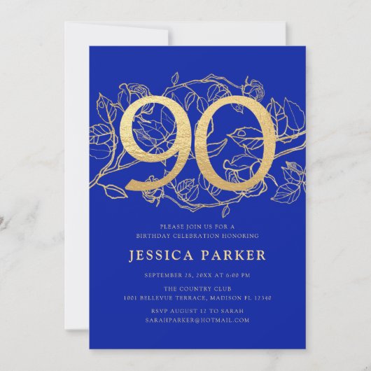 Elegant Royal Blue Gold 90ste verjaardag Kaart (Voorkant)