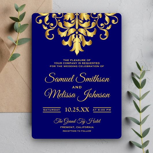 Elégant Royal Blue Gold Mariage damassé Invitation