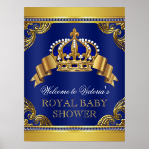 Elegant Royal Blue Gold Prince Baby shower Signs Poster