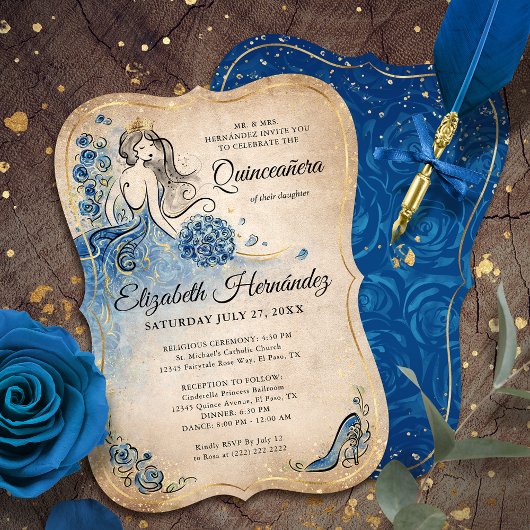 Elegant Royal Blue Gold Prinses Quince Verjaardag Kaart