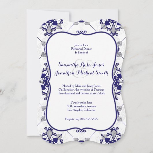 Elegant Royal Blue Grey Medallion Rehearsal Dinner Kaart (Voorkant)