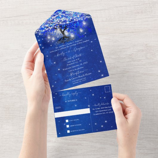 Elegant Royal Blue Heart Leaf Tree Weddenschap All In One Uitnodiging (Afscheurbaar)