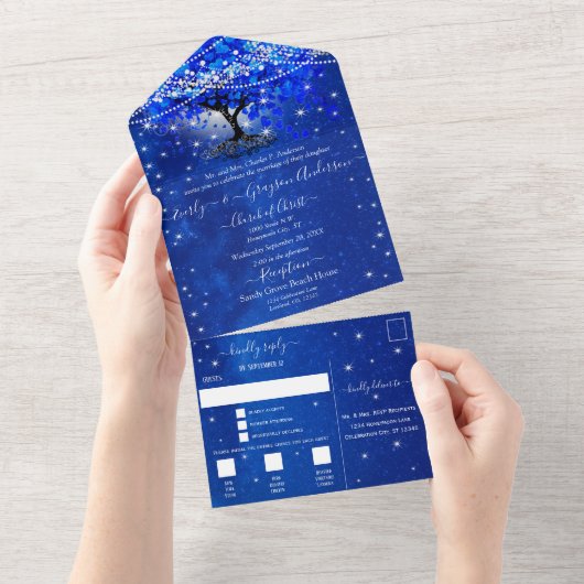 Elegant Royal Blue Heart Leaf Tree Wedding All In One Uitnodiging (Afscheurbaar)