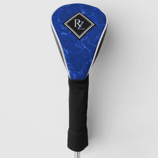 Elegant Royal Blue Marble Black Diamond Monogram Golfheadcover (Voorkant)