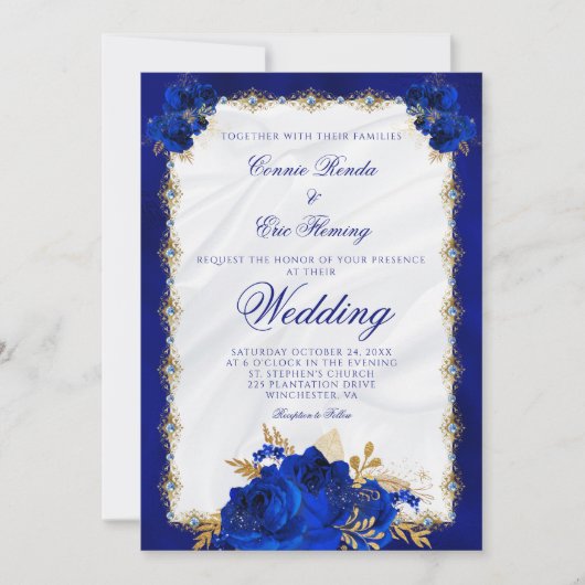 Elegant Royal Blue Monogram Rozen Formele bruiloft Kaart (Voorkant)