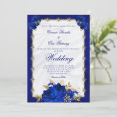 Elegant Royal Blue Monogram Rozen Formele bruiloft Kaart (Staand voorkant)